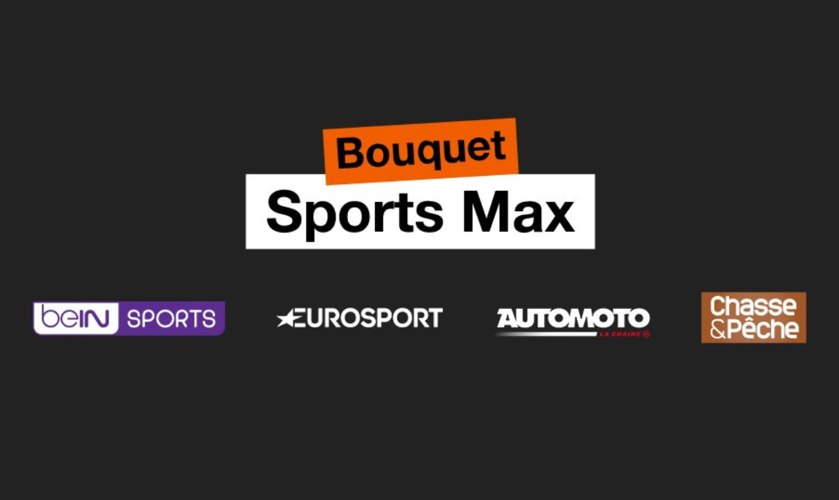 Logos for sports channels beIN Sports, Eurosport, Automoto, and Chasse & Pêche under Sports Max bouquet.